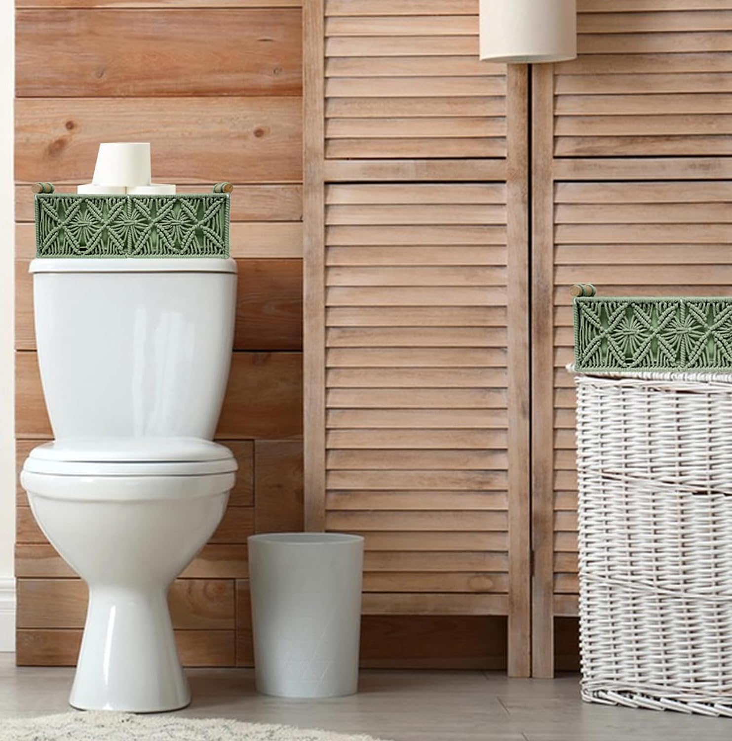 HOSROOME macrame green basket as living room organizer with warm materials.