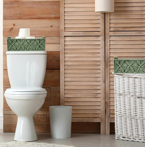 HOSROOME macrame green basket as living room organizer with warm materials.