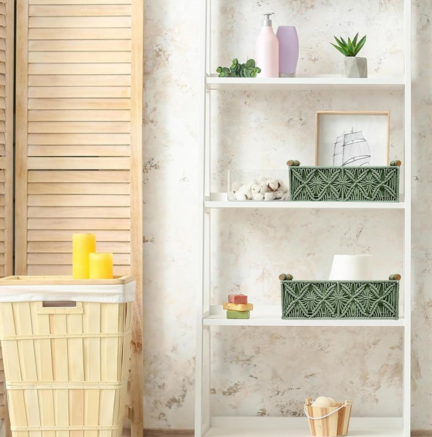 HOSROOME macrame green basket used as toilet paper holder with wood frame.