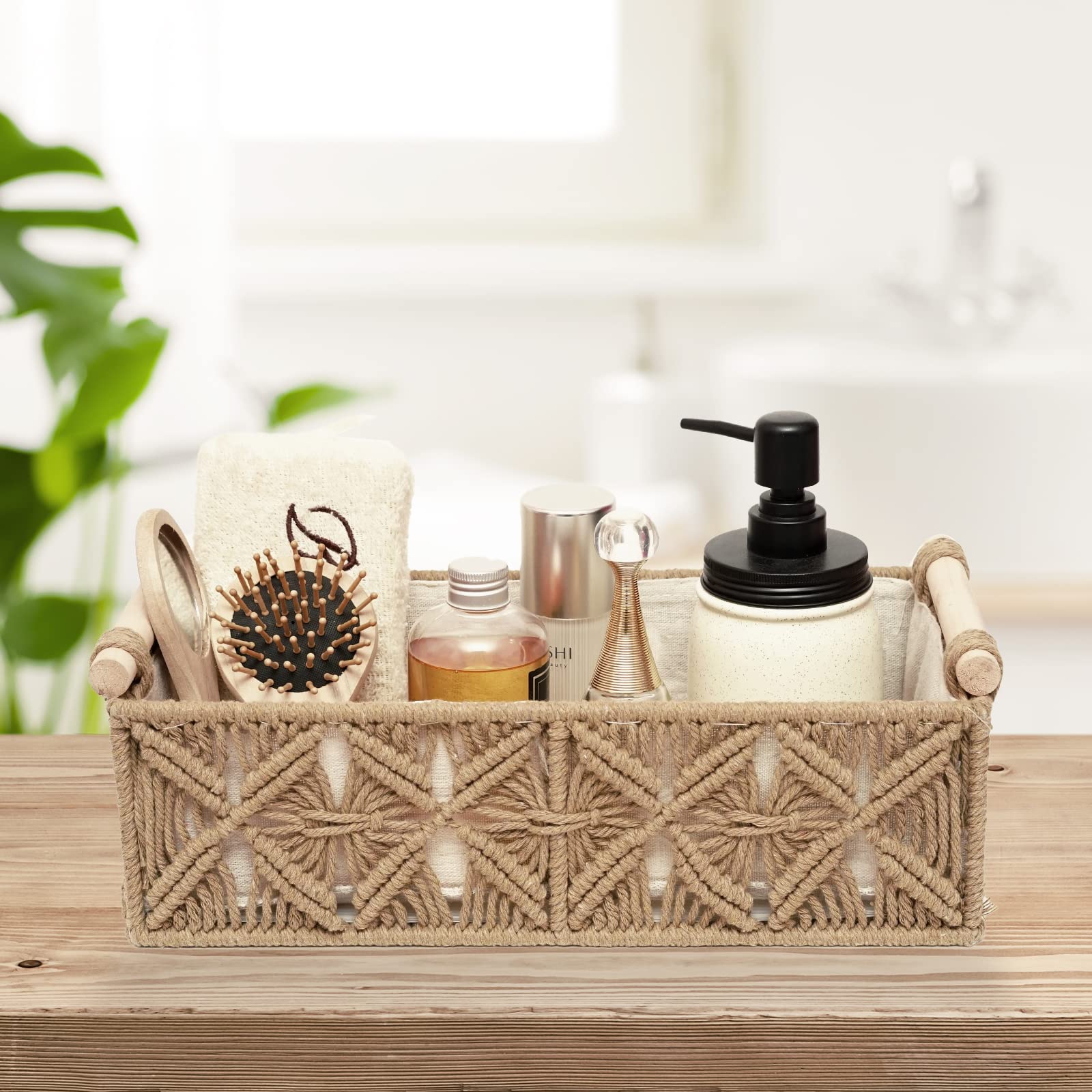 HOSROOME macrame storage basket side view, boho charm for bathroom countertops.