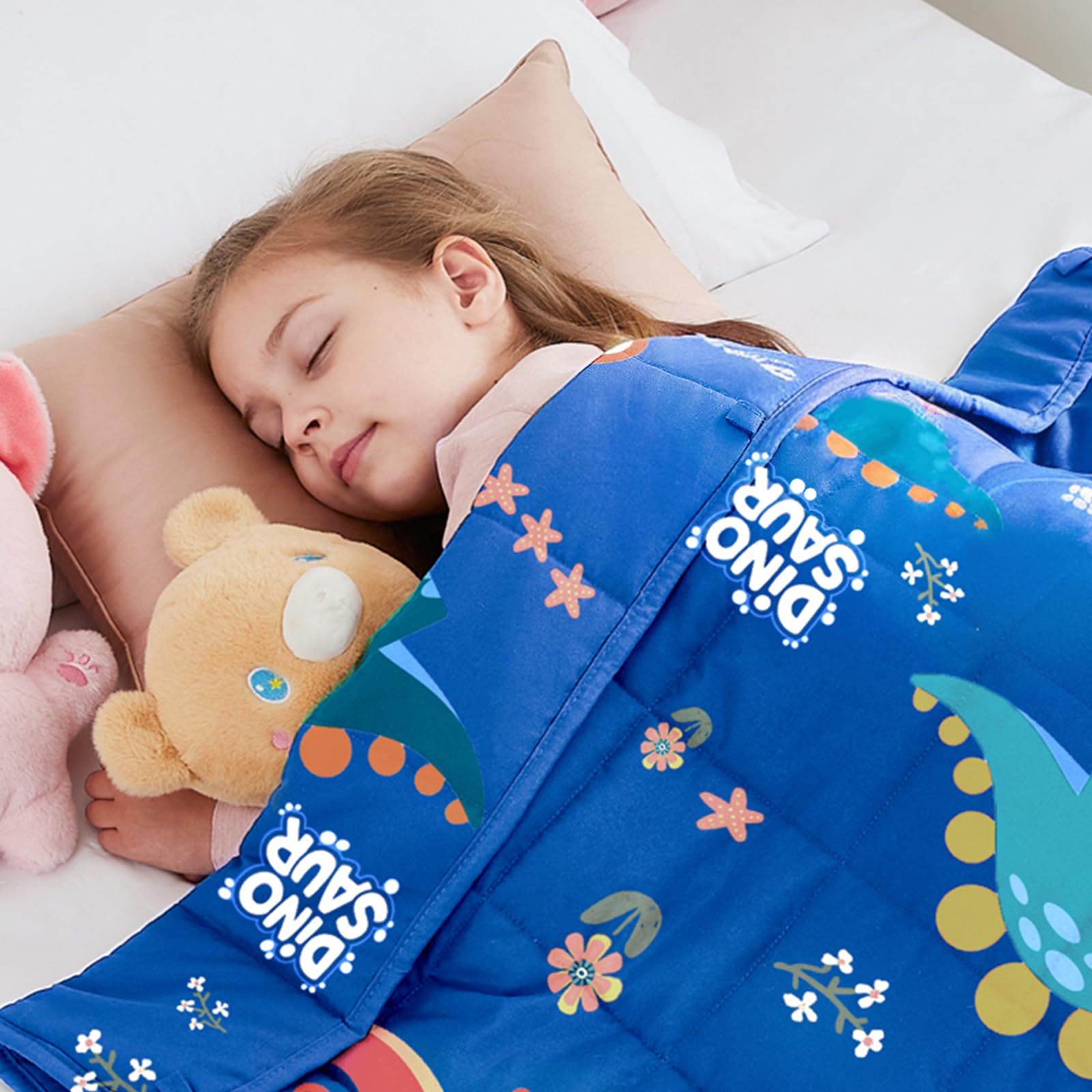 HOSUKKO weighted blanket blue dinosaur pattern close-up, soft microfiber for cozy warmth