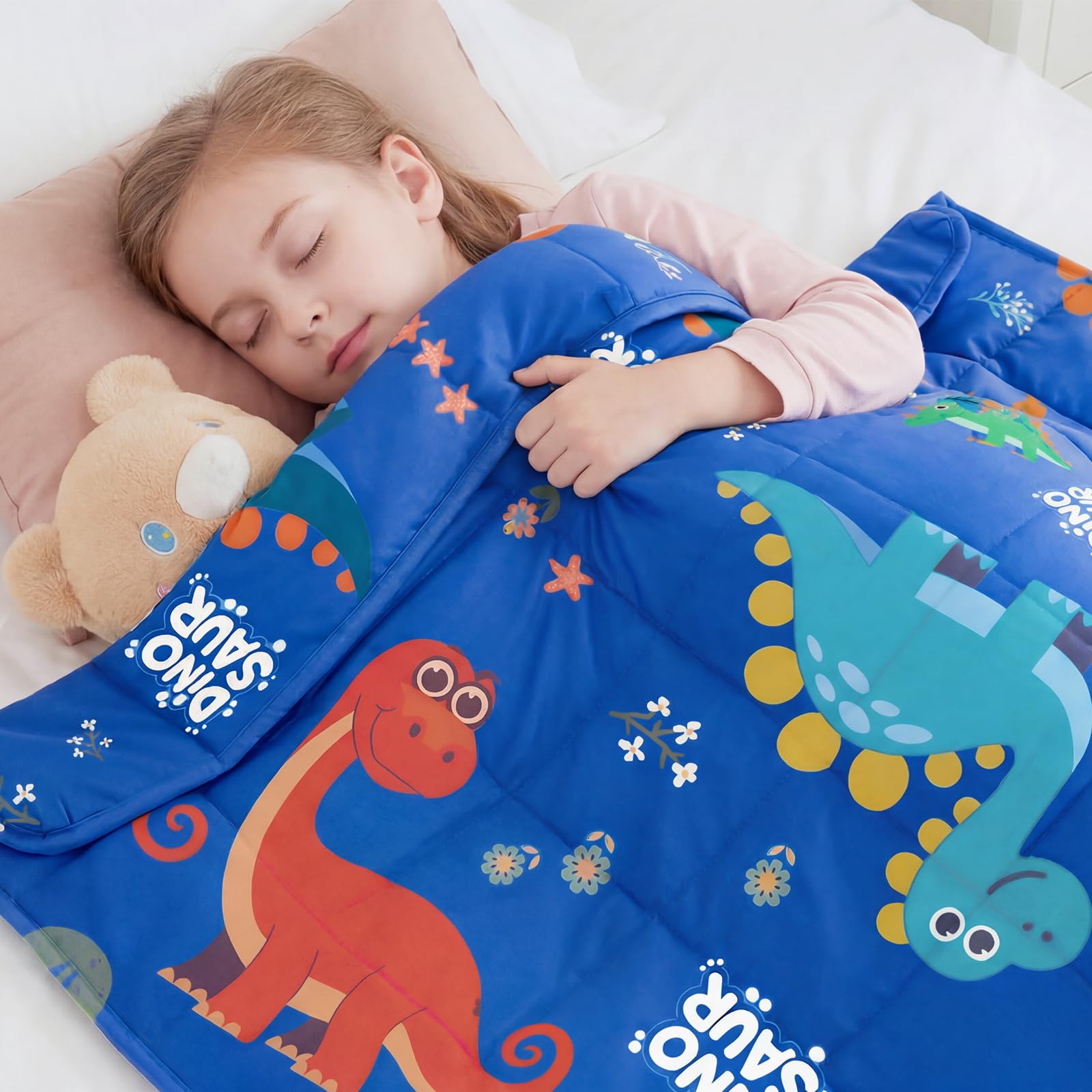 HOSUKKO weighted blanket with blue dinosaur design adds playful comfort.