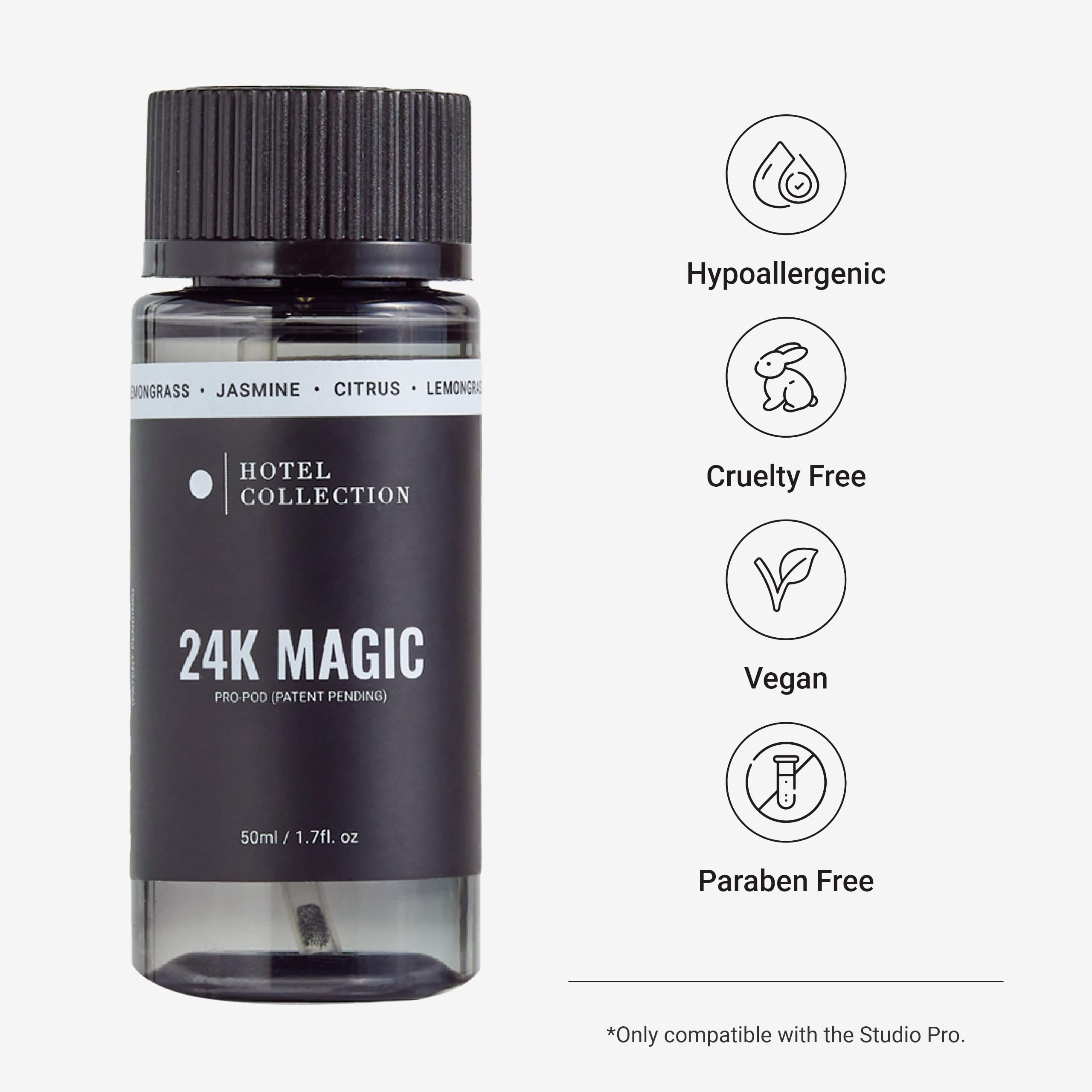 Hotel Collection 24K Magic Pro-Pod lemongrass bottle enhances fresh-room ambiance