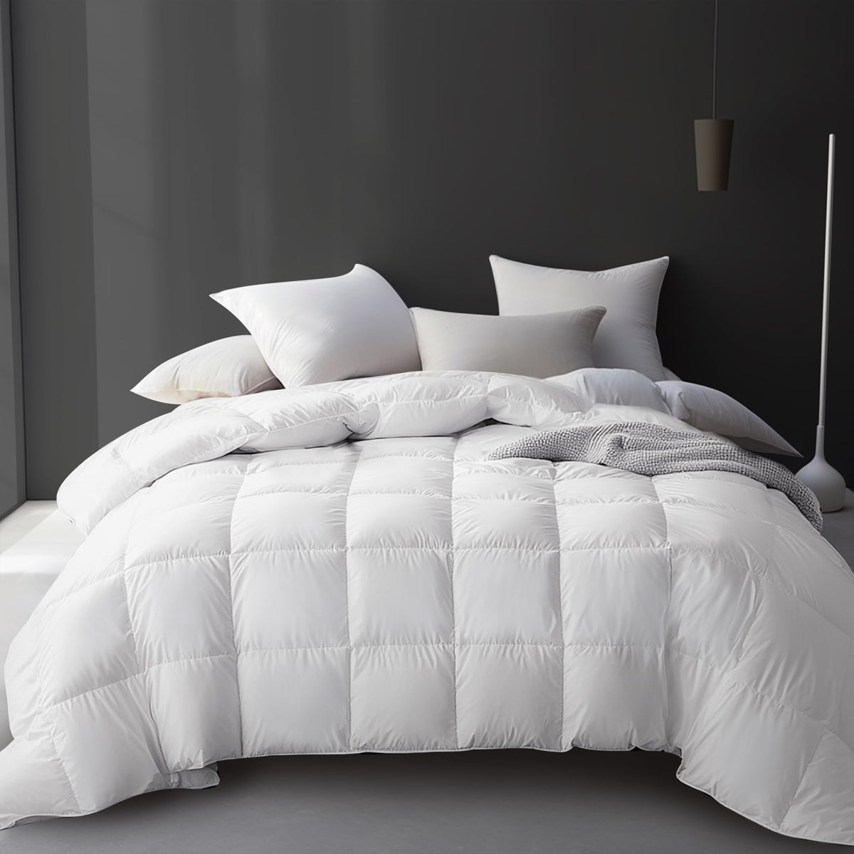 Hotel Grand Luxury White Goose Down Fiber Comforter in full-queen setup highlighting all-season warmth