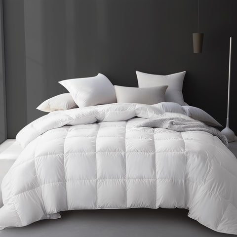 Hotel Grand Luxury White Goose Down Fiber Comforter in full-queen setup highlighting all-season warmth