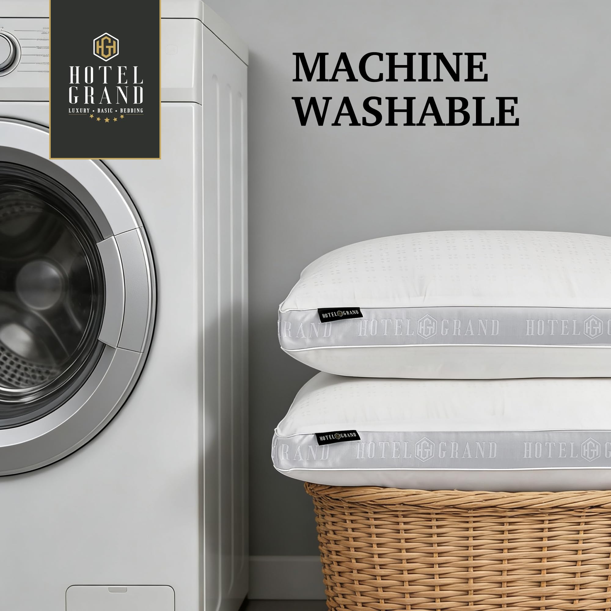 Hotel Grand pillow care instructions for easy machine wash and quick fluff.