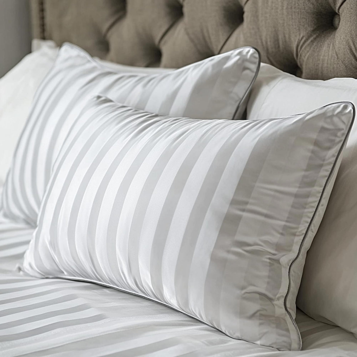 Hotel Grand fluffy pillow close-up showing soft feather-down fill for cloud-like comfort.