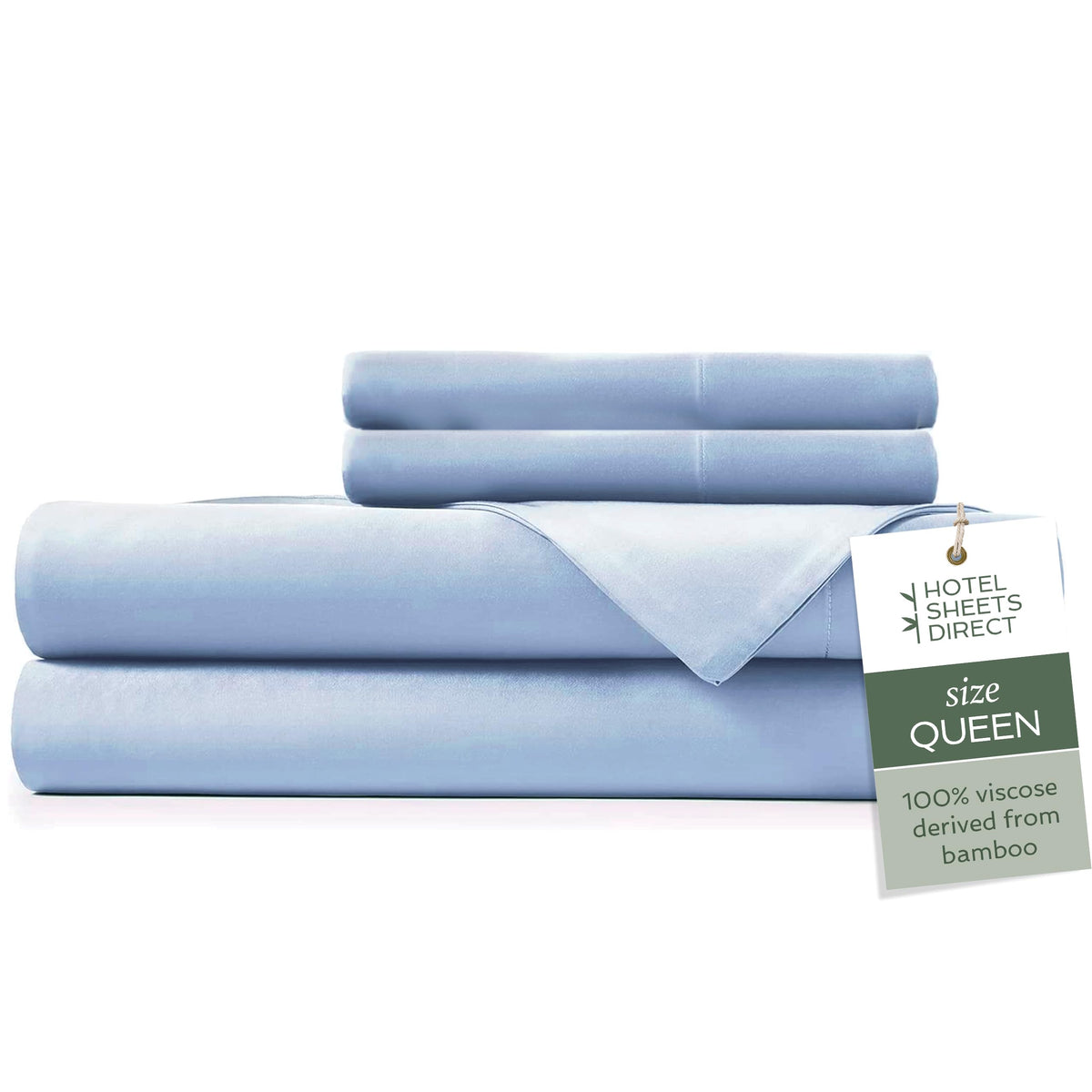 Hotel Sheets Direct 4-piece queen set on bed for hotel-like luxury at home.