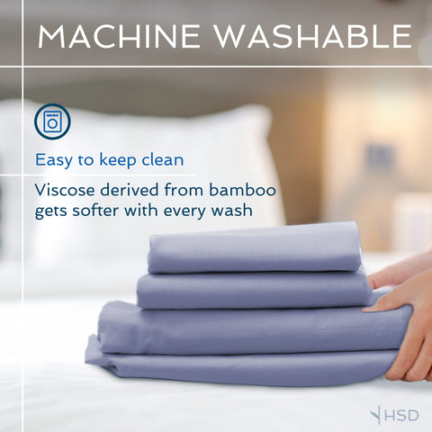 Hotel Sheets Direct light blue bedding tone in a cozy, inviting room.