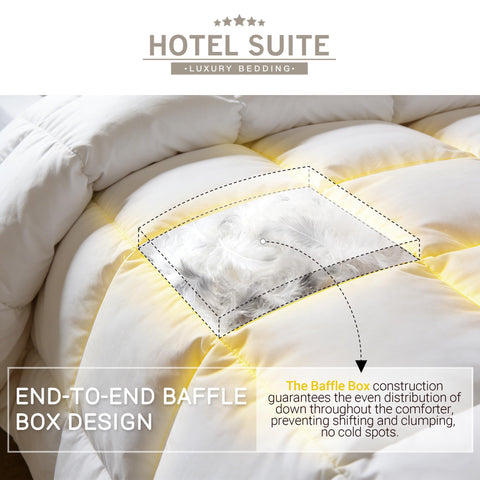 Hotel Suite duvet's box-stitch design evenly distributes fill for consistent warmth.