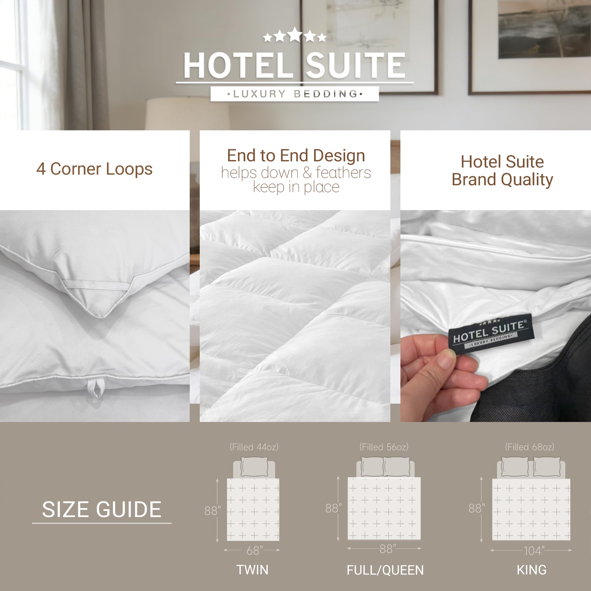 Hotel Suite comforter features four corner tabs to attach a duvet cover securely.