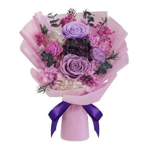 HOTKBO preserved roses in a four purple box front view, gift-ready presentation.