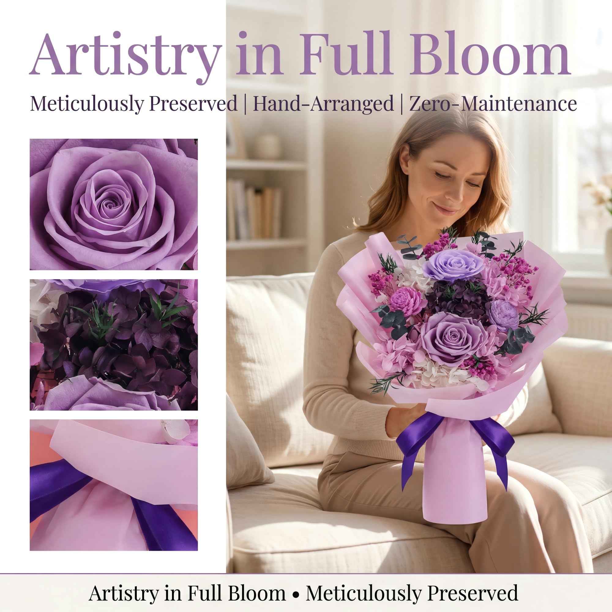 Purple HOTKBO roses on a bedroom dresser serve as elegant decor.