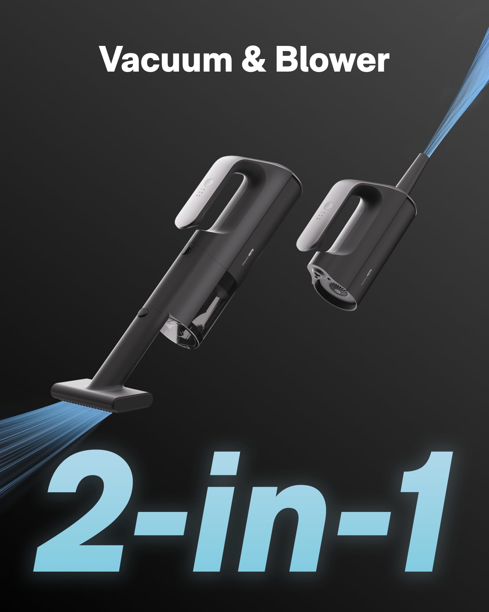 HOTO BlowVac extension hose reaches under car seats and monitors.