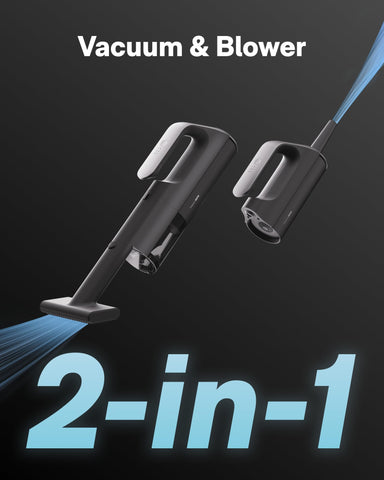 HOTO BlowVac extension hose reaches under car seats and monitors.