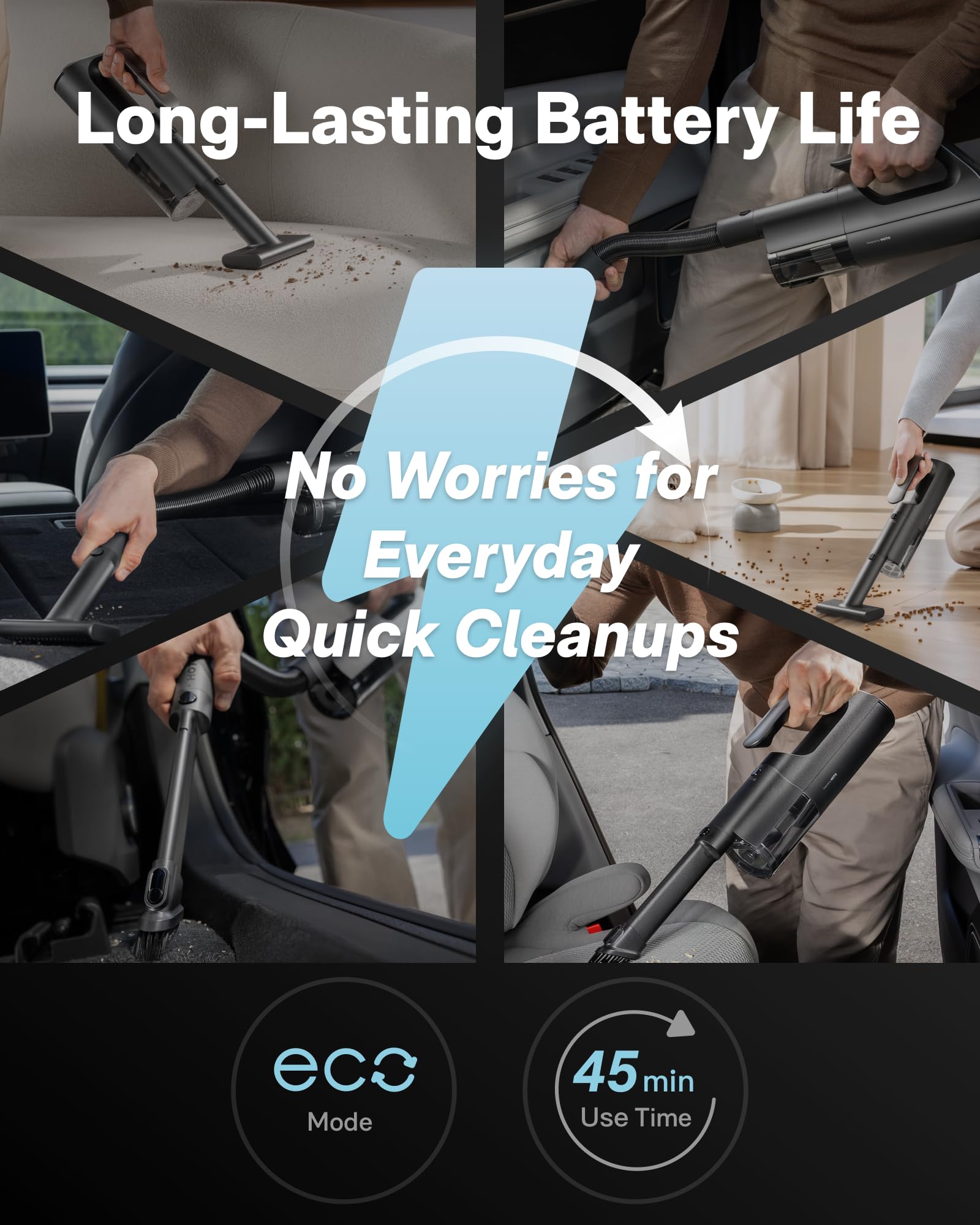 HOTO BlowVac wide nozzle clears crumbs from desks and sofas.