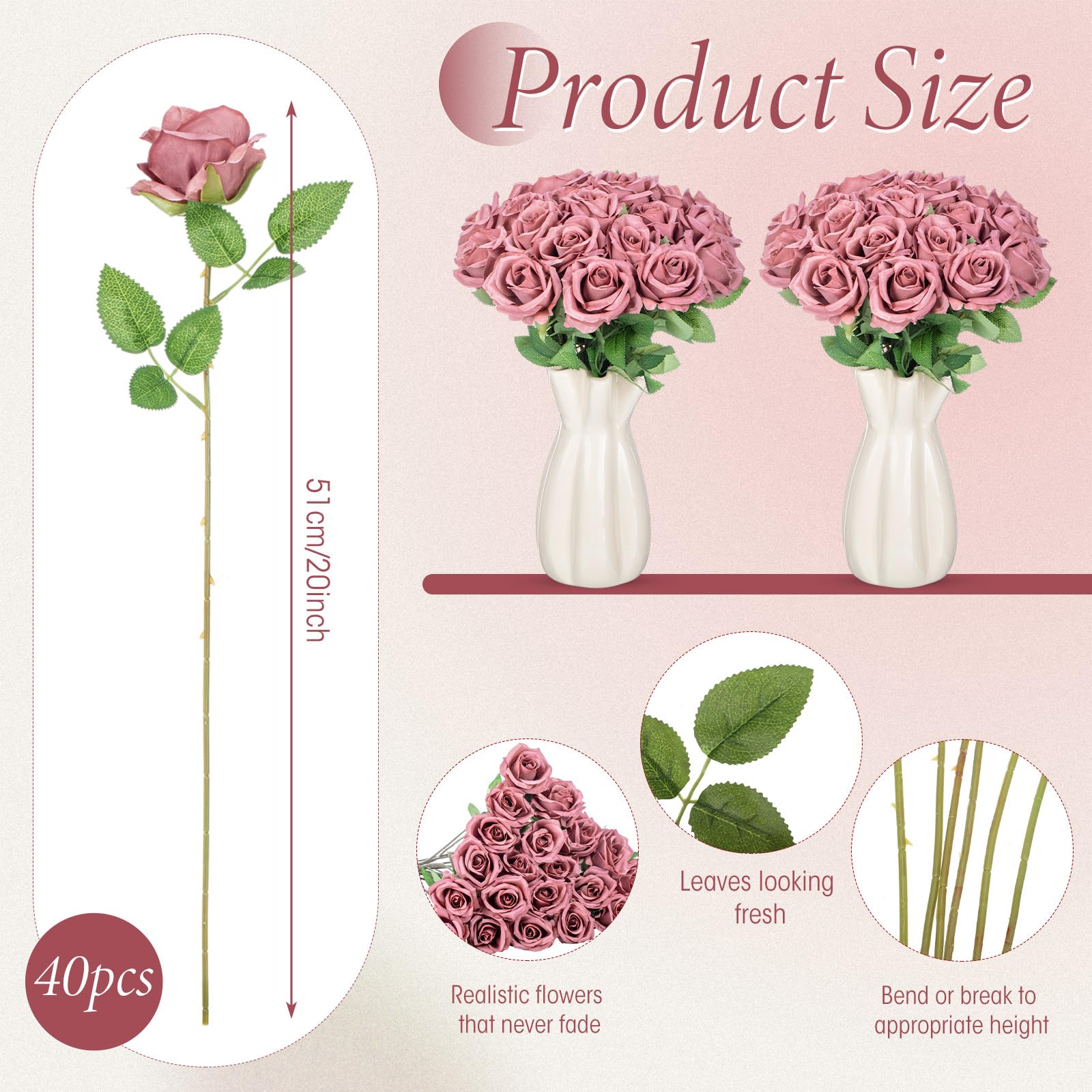 Hotop 40-pcs rose bouquet with 20-inch stems for centerpiece arrangements.