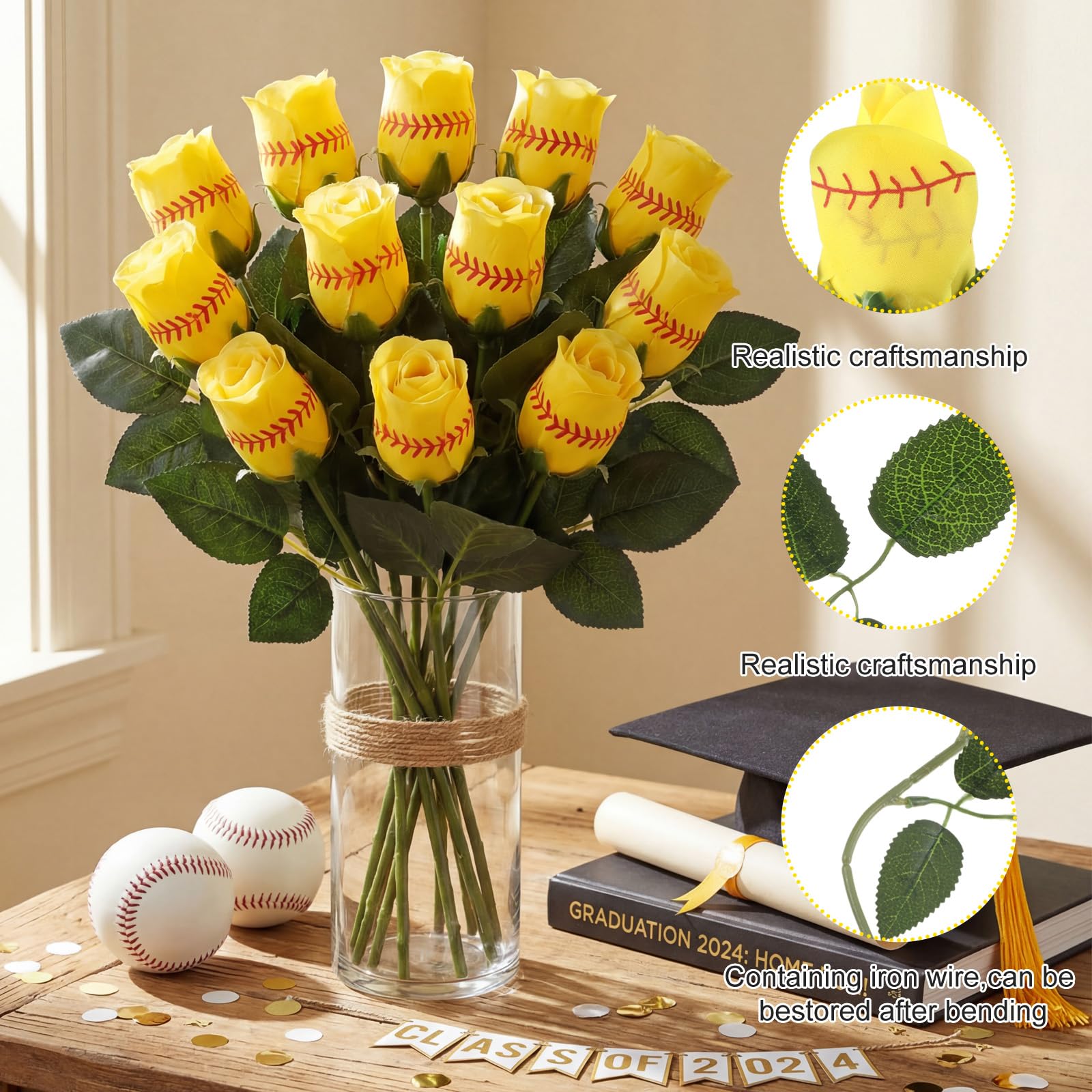Hotop softball rose fabric stems with 3D patterns provide durable, adjustable arrangements.