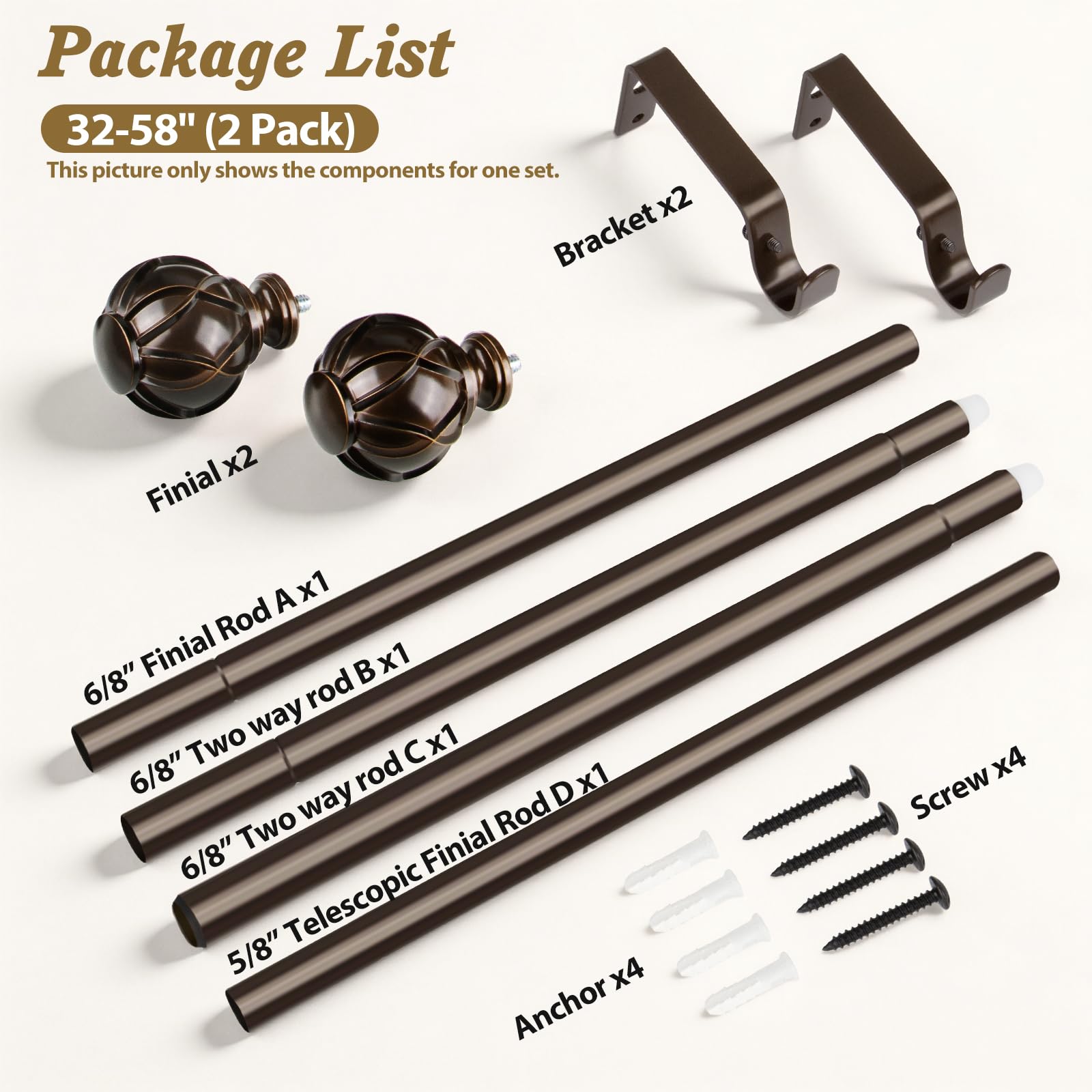 Hotozon all-in-one kit includes brackets screws anchors and finials for quick install