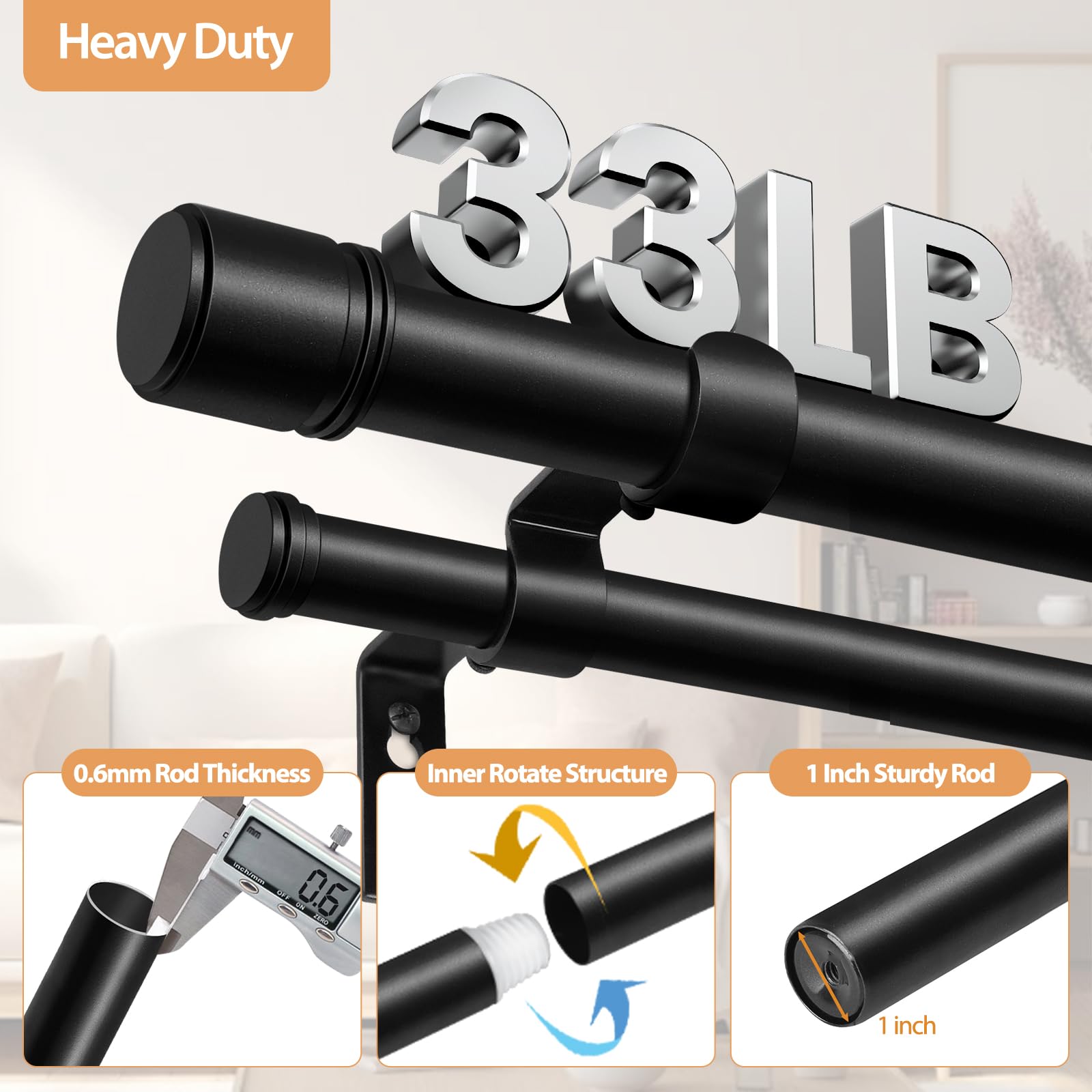 HOTOZON telescoping action lets you fit windows from 66 to 120 inches.