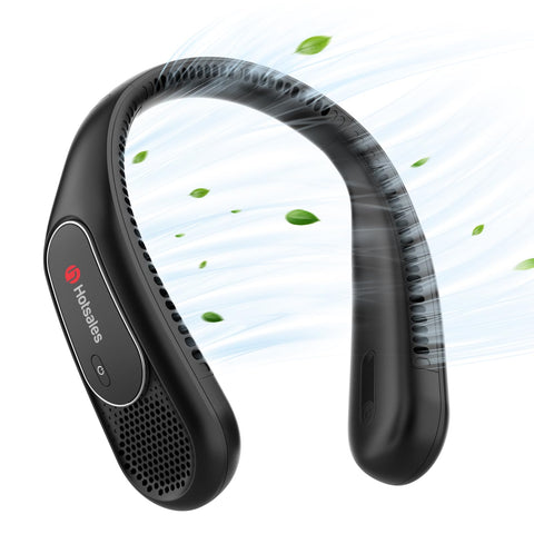 Hotsales neck fan wearable, front view showing 360 degree cooling on neck