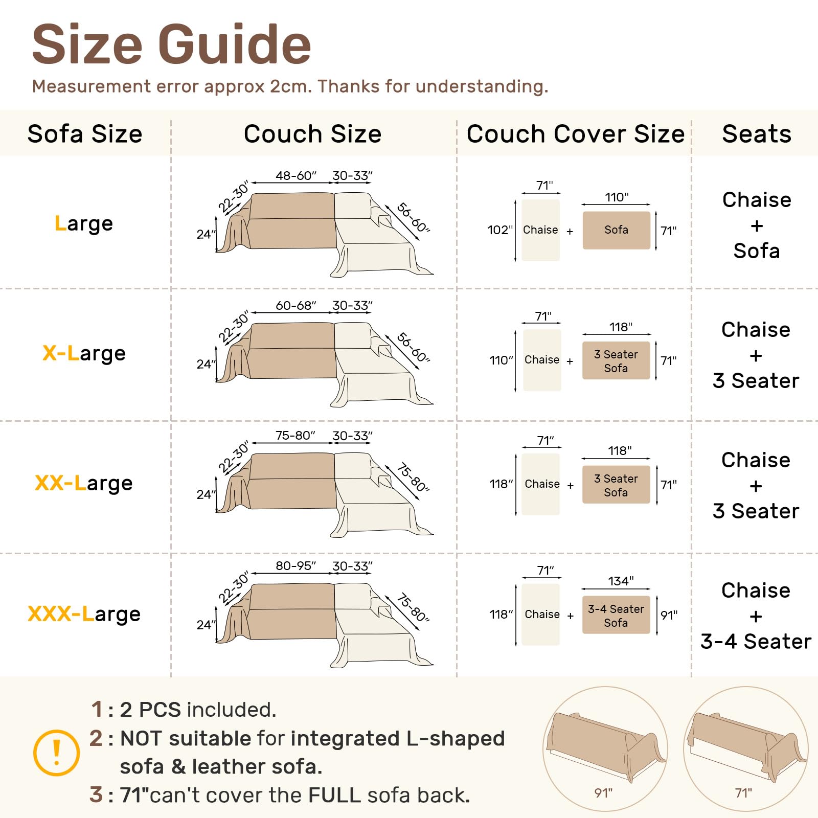 Houmiggle cream sectional cover side view shows two-piece fit