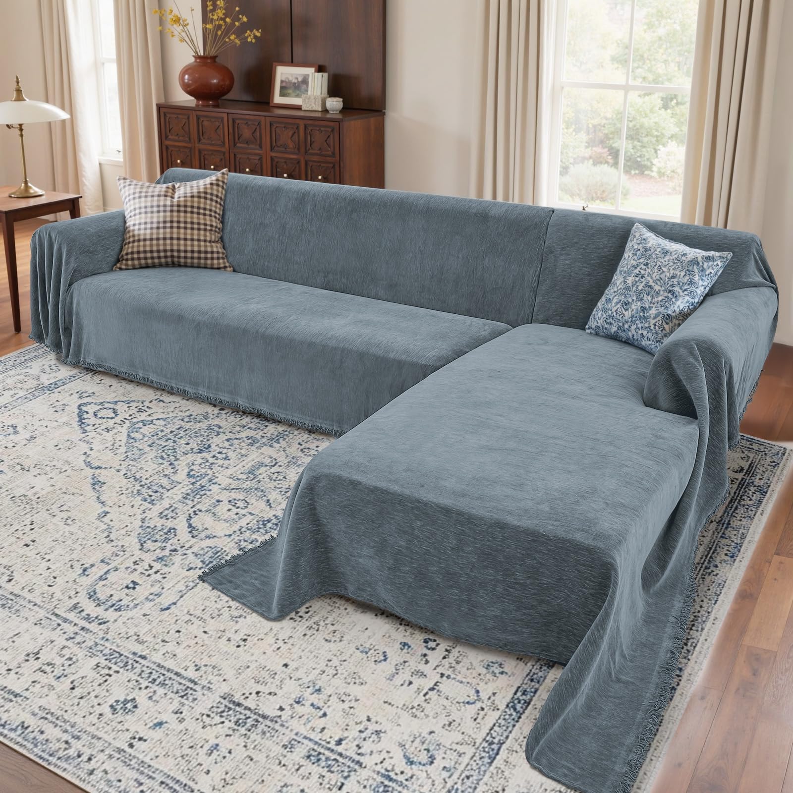 Houmiggle sectional couch covers in dusty blue chenille offer a soft, pet-friendly surface.