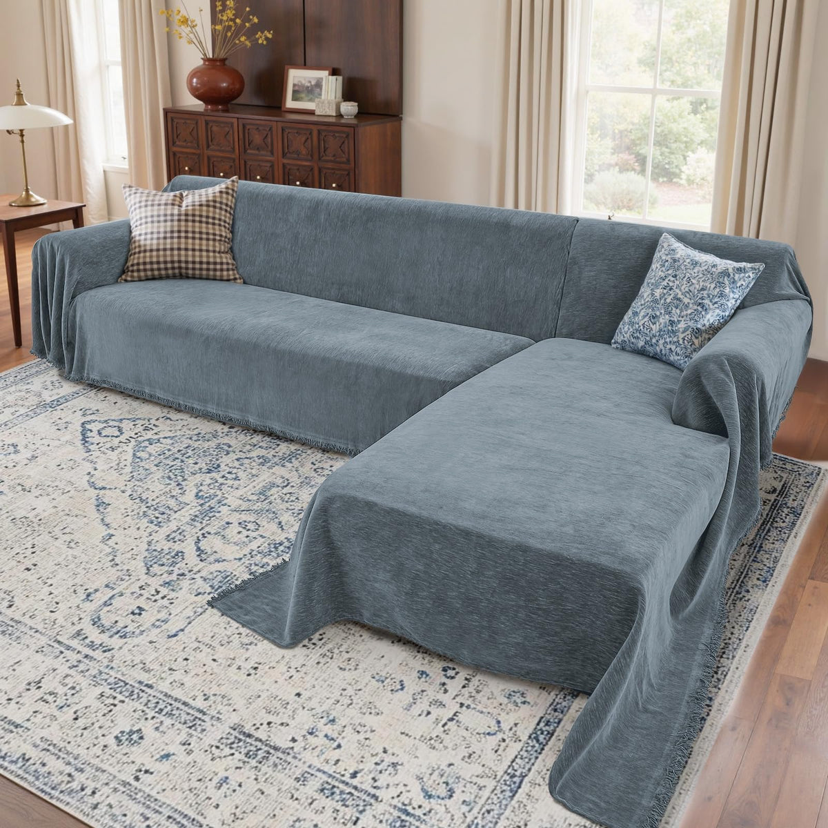 Houmiggle sectional couch covers in dusty blue chenille offer a soft, pet-friendly surface.