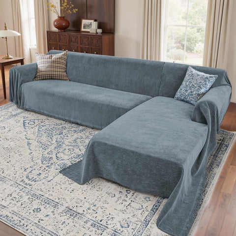 Houmiggle sectional couch covers in dusty blue chenille offer a soft, pet-friendly surface.