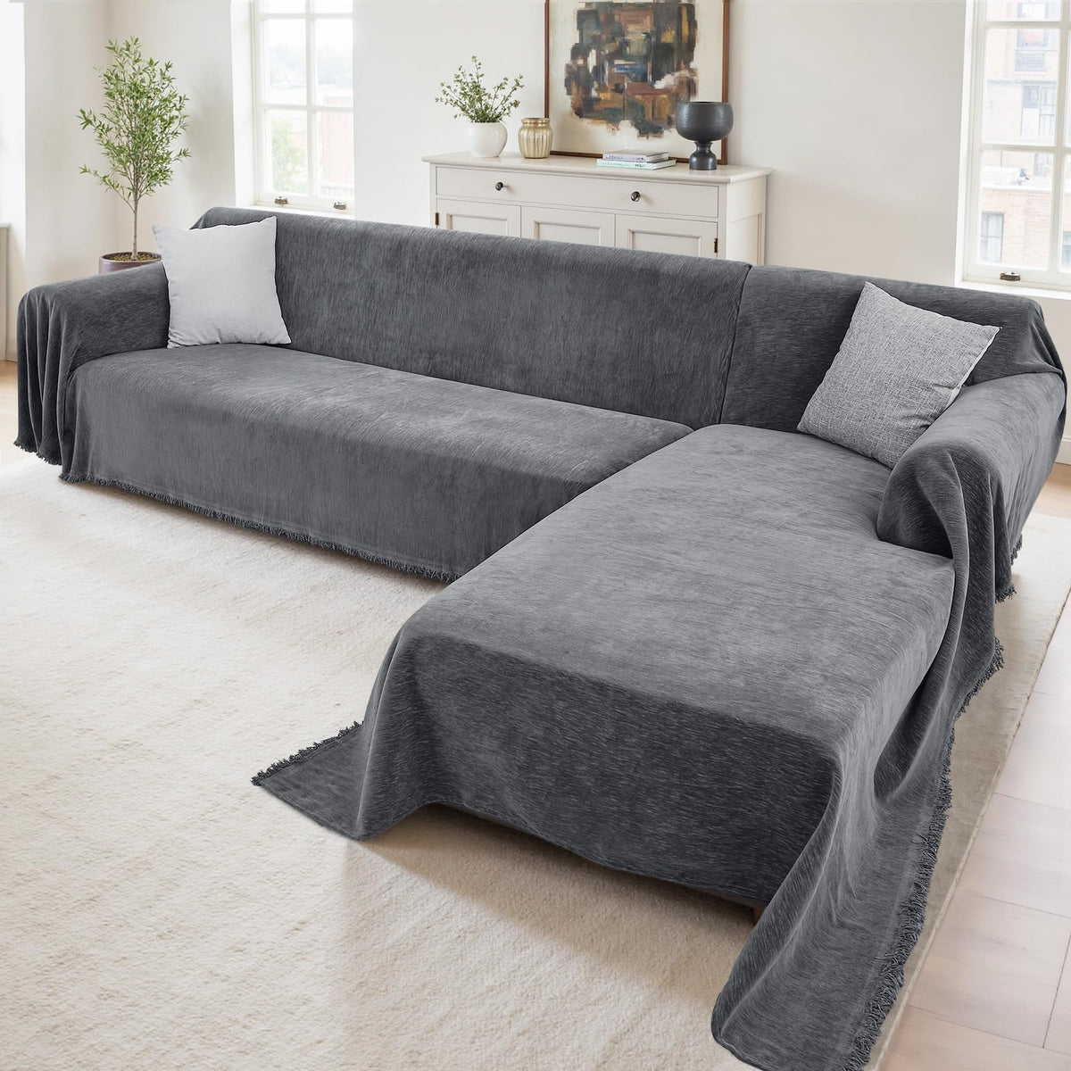 Houmiggle sectional couch cover in soft chenille material for a cozy, pet-friendly living space.