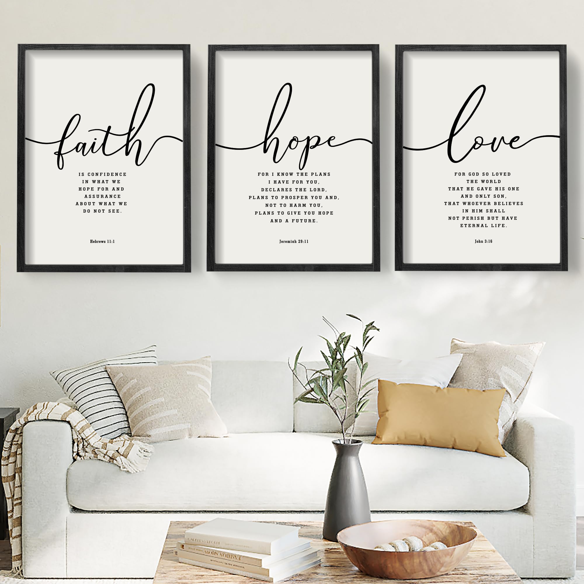 Houmury 3-piece framed farmhouse Bible wall art enhances living rooms with serene scripture reminders.