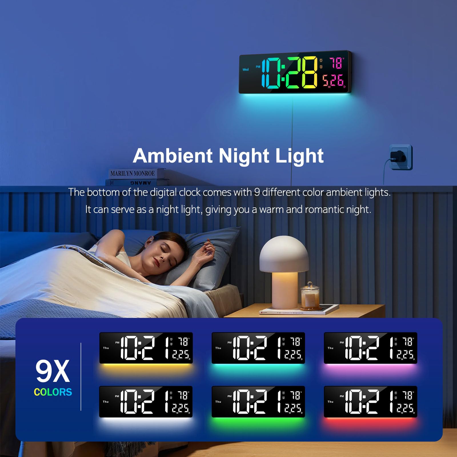 Hournor clock ambient night light in 9 colors softly brightens bedrooms.