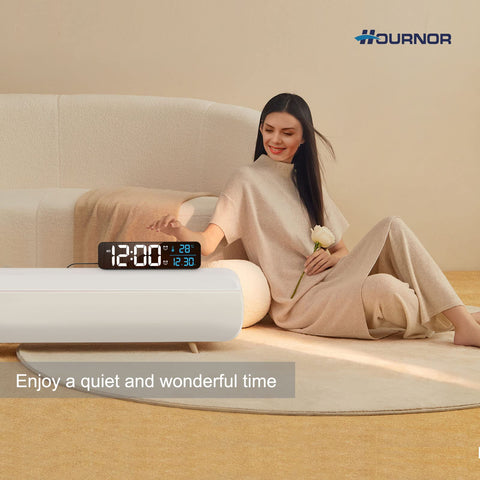 Hournor digital clock auto dimming reduces glare for comfortable viewing at night.
