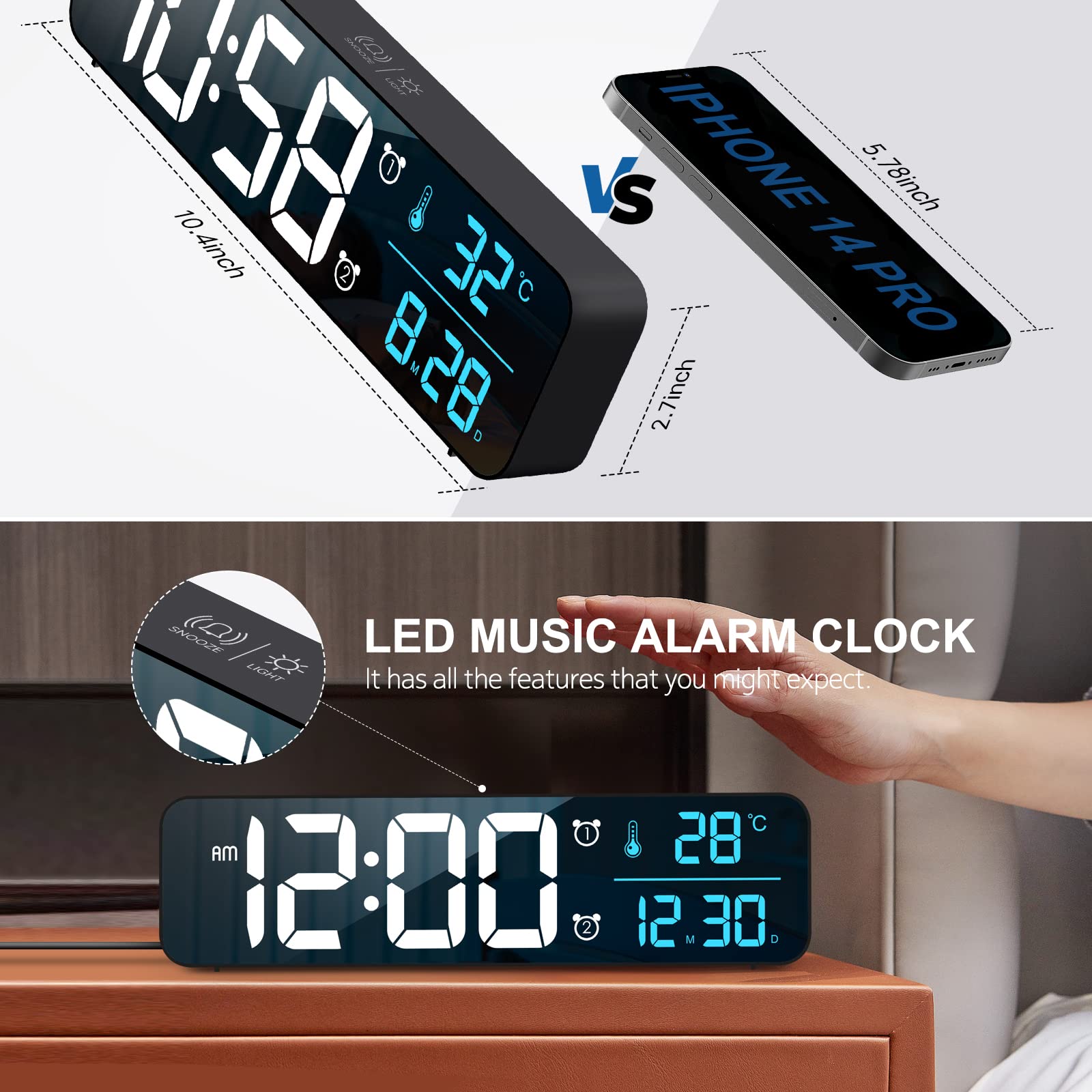 Hournor digital clock blue display enhances bedside visibility in blue finish.