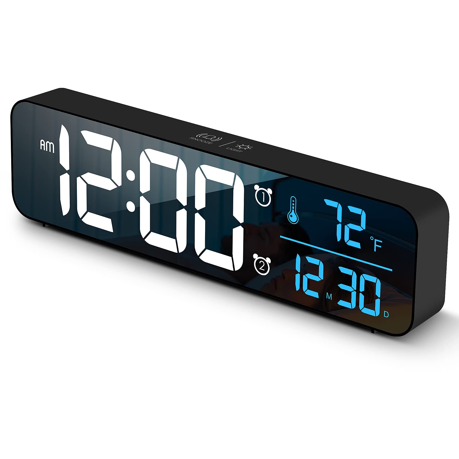 Hournor digital clock with large display showing time date and temperature from across the room.