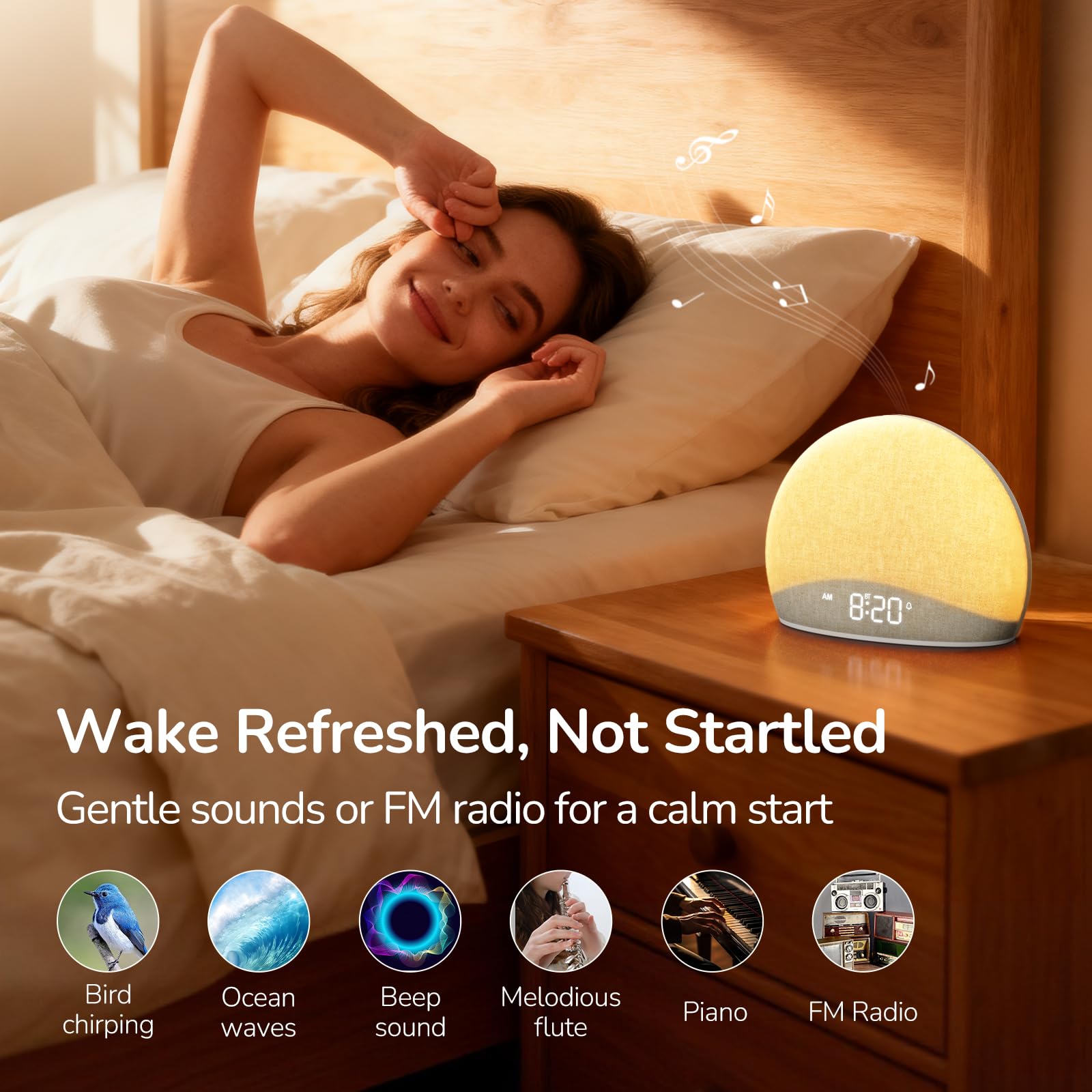 HOUSBAY FM radio interface with nature-inspired alarm options