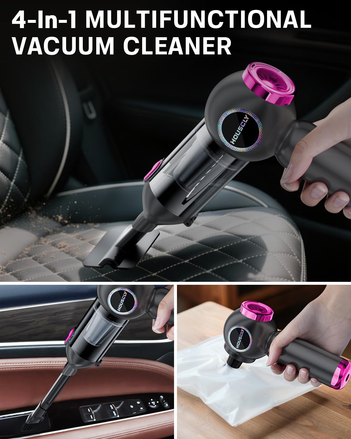 Houscly 4-in-1 design supports vacuuming, blowing, inflating, and deflating