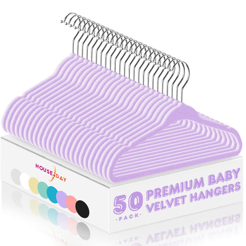 House Day 11-inch velvet baby hanger with premium flocking for gentle clothing organization.