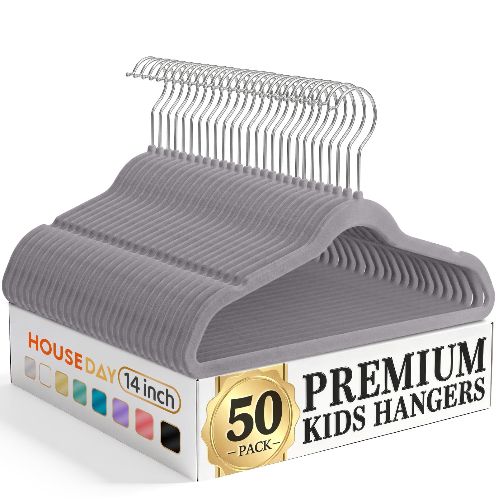 HOUSE DAY 14-inch kids velvet hangers, gray, sturdy daily-use solution for kids’ outfits