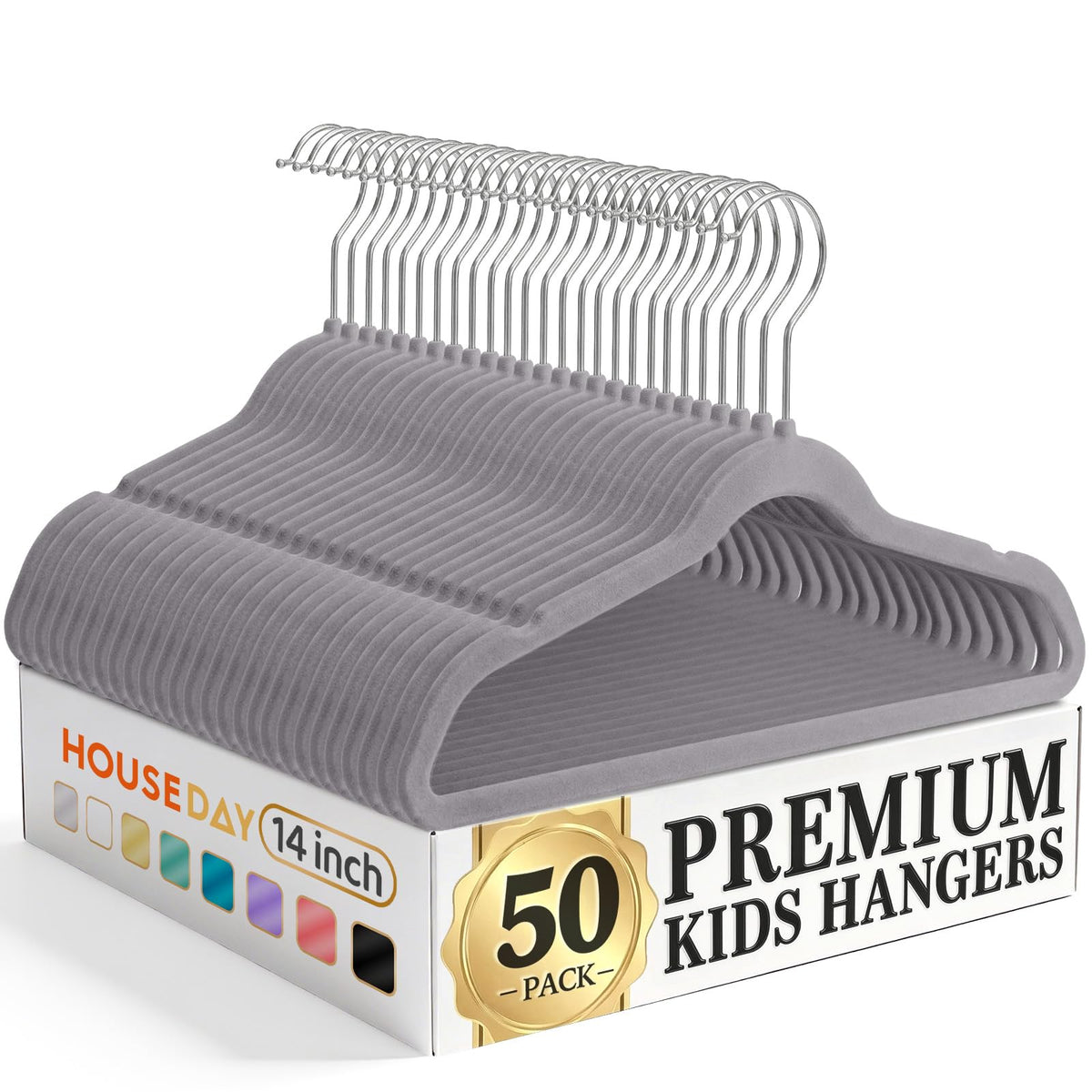 HOUSE DAY 14-inch kids velvet hangers, gray, sturdy daily-use solution for kids’ outfits