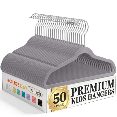HOUSE DAY 14-inch kids velvet hangers, gray, sturdy daily-use solution for kids’ outfits