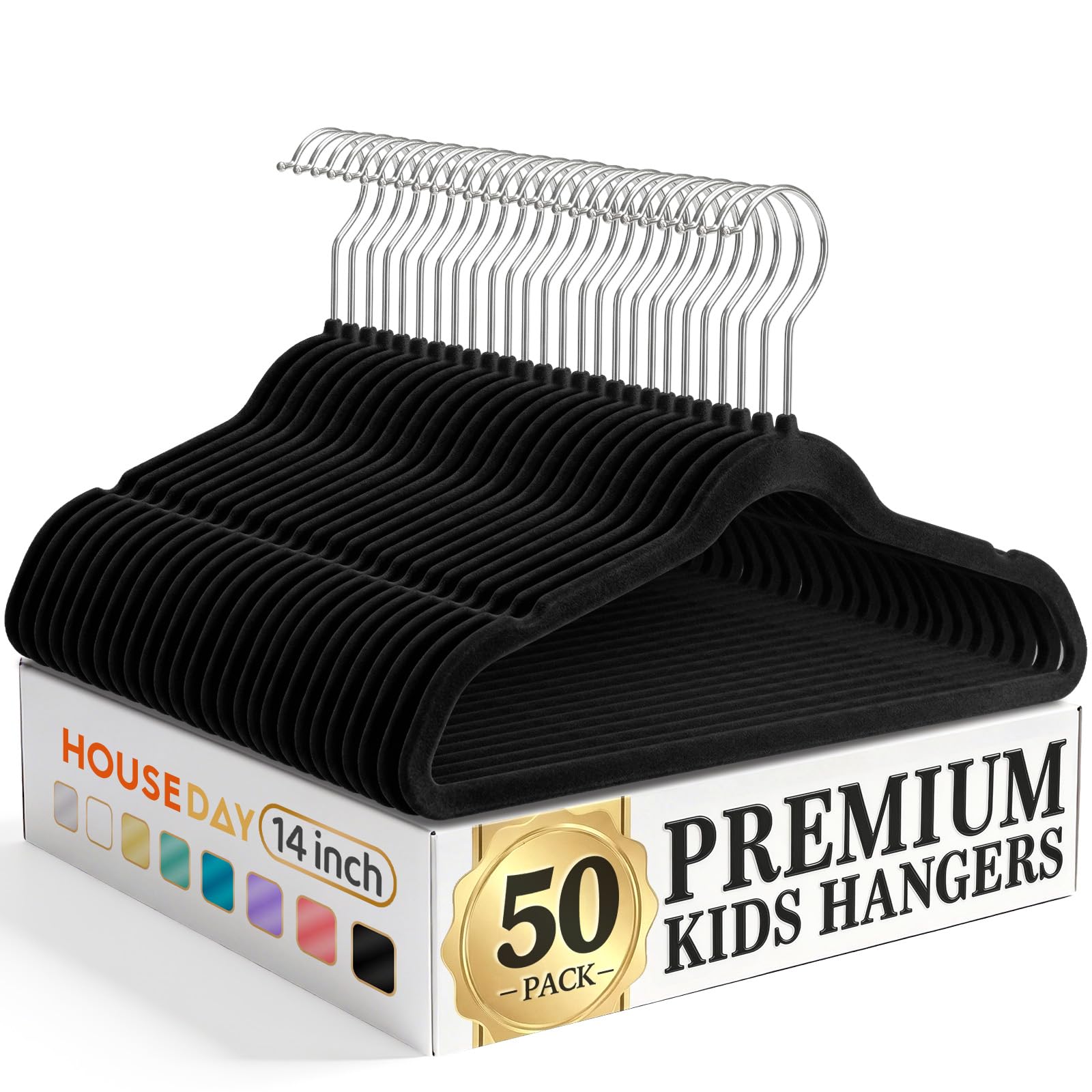 House Day 14-inch kids velvet hangers keep outfits neatly aligned and secure.