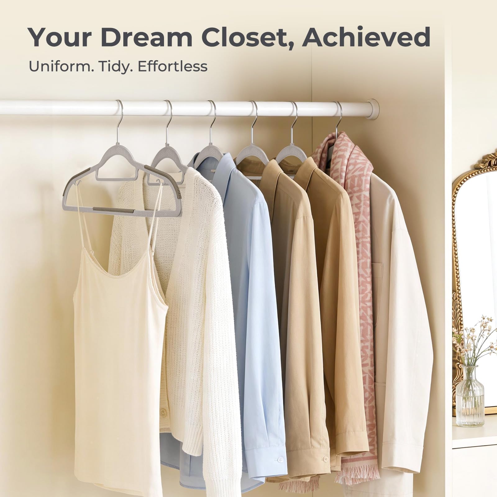HOUSE DAY 50-pack provides durable, recyclable hangers for bulk closet use.