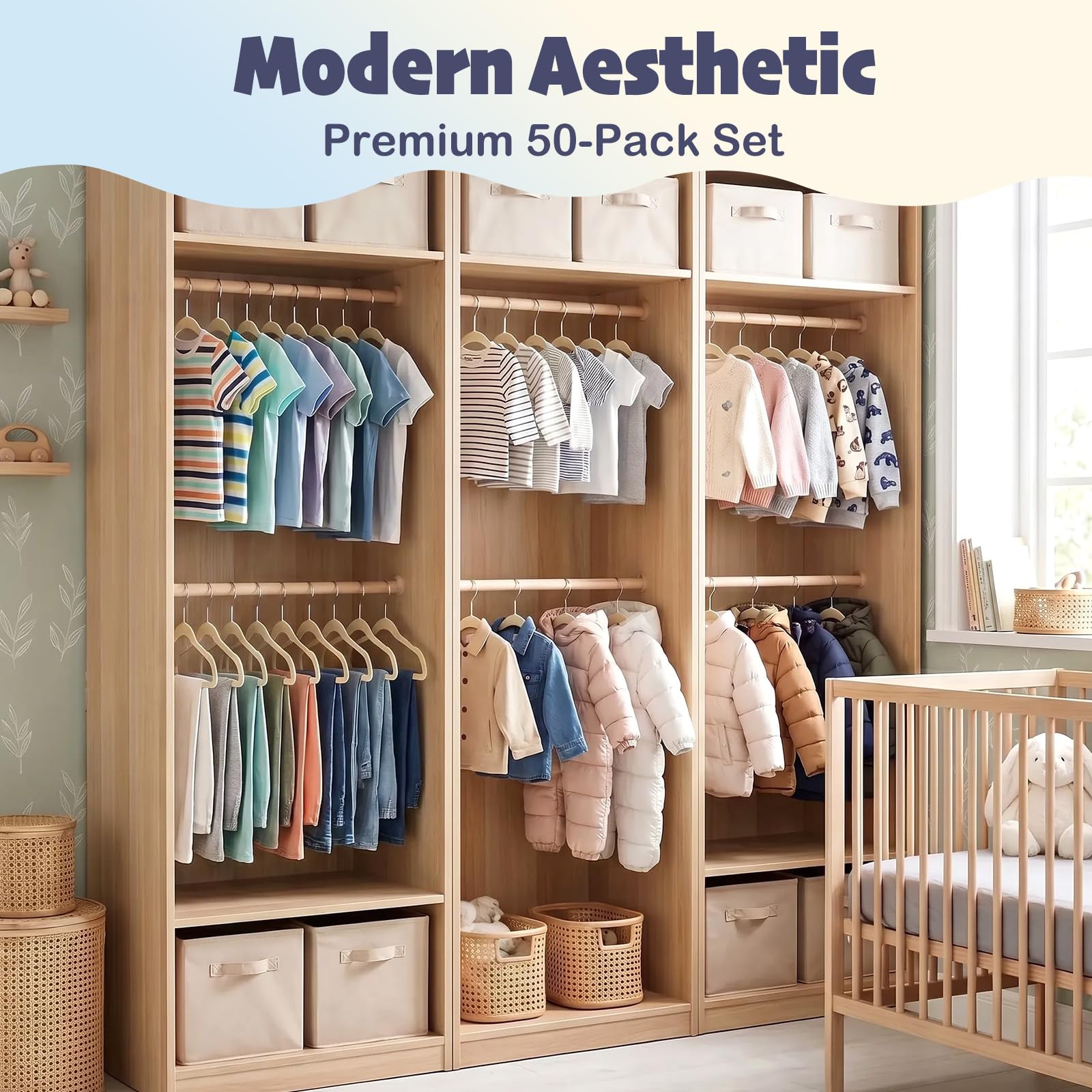 HOUSE DAY velvet baby hanger pack display for organized wardrobes.