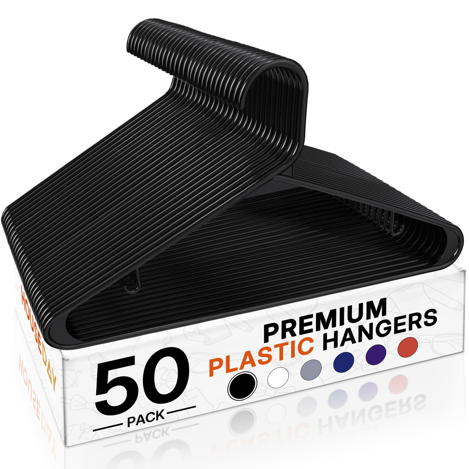 HOUSE DAY black plastic hangers with built-in hooks keep outfits organized.