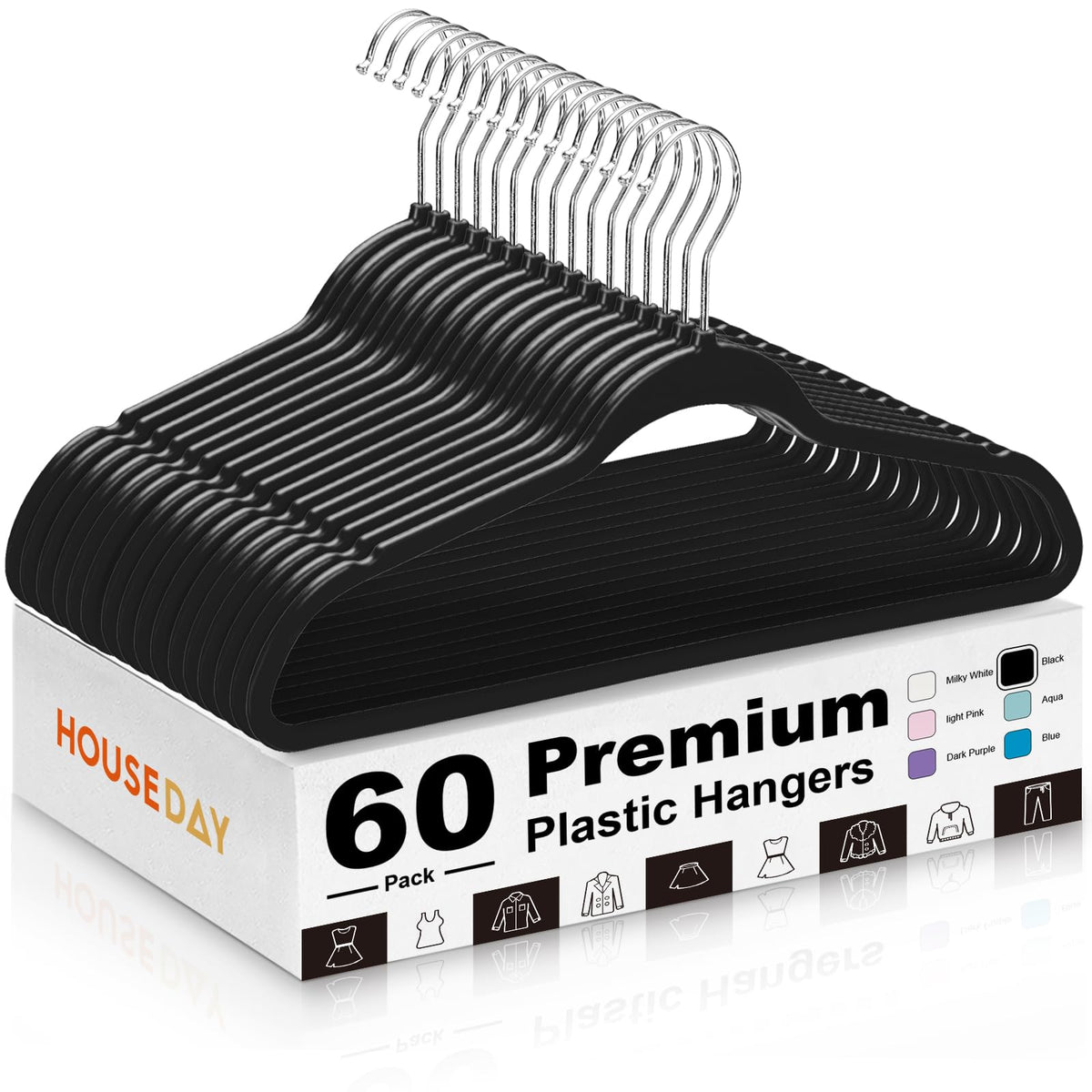HOUSE DAY black plastic hanger close-up showing sturdy design for heavy garments up to 10 lbs