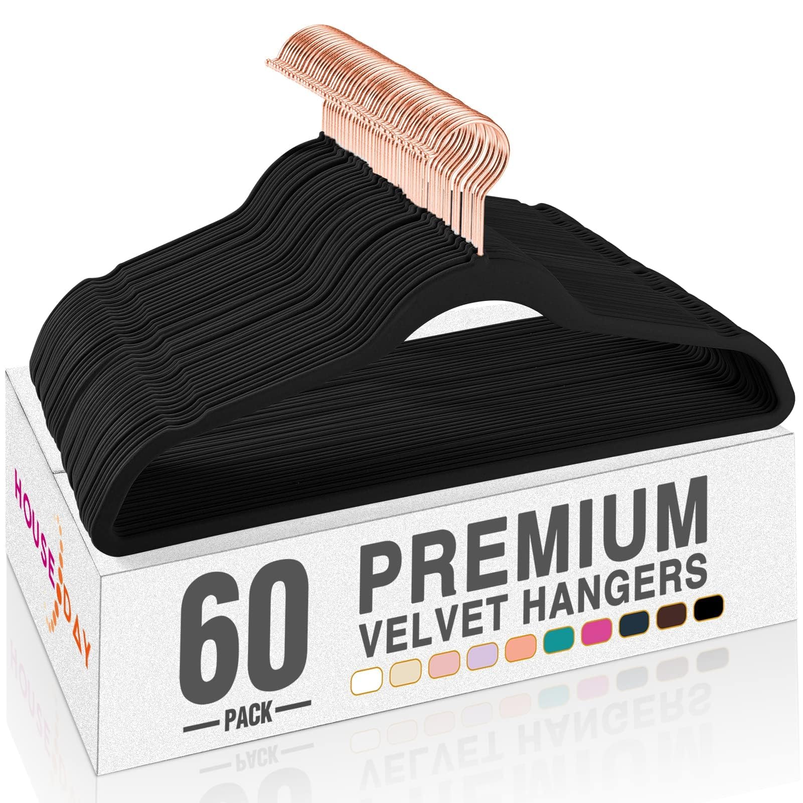 House Day black velvet hangers 60-pack box showing premium non-slip design for organized closet storage.
