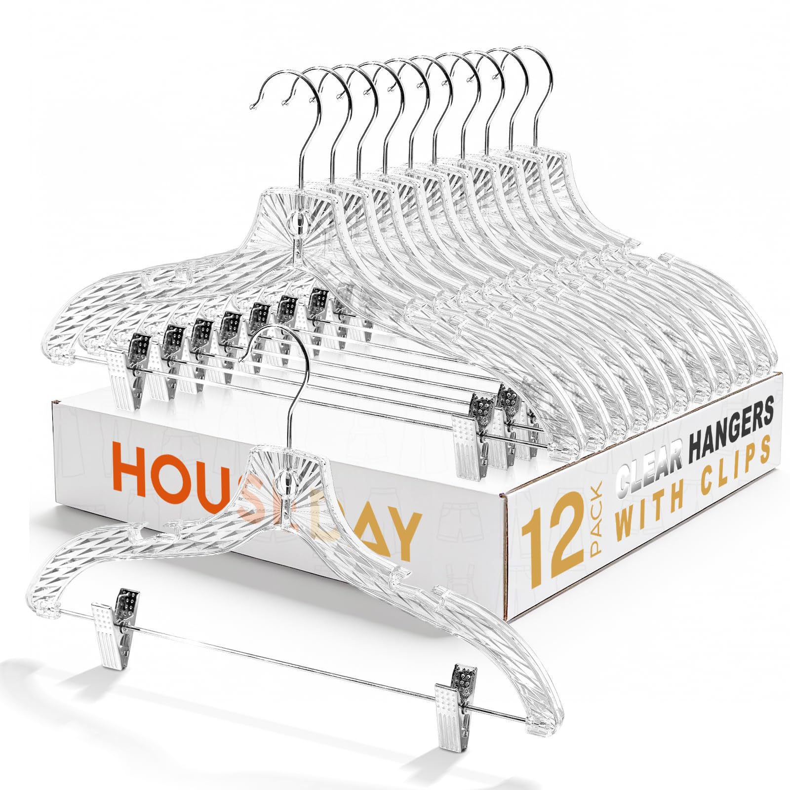 House Day clear plastic pant hangers with clips for secure storage.