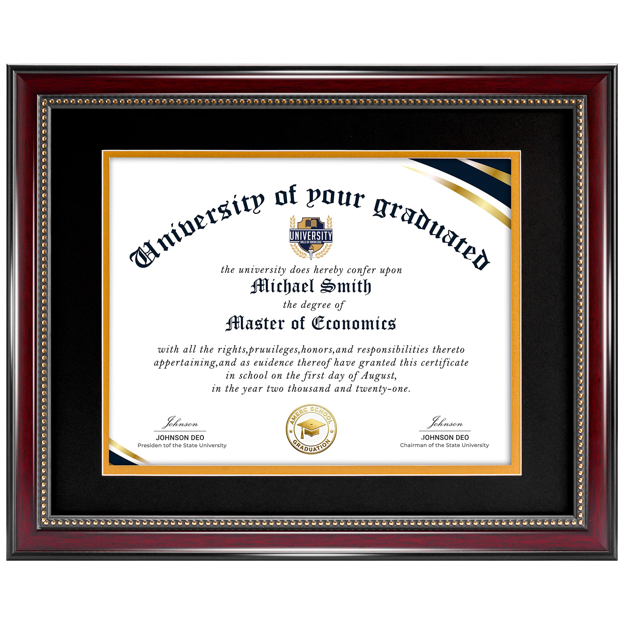 House Day diploma frame 11x14 with mat in mahogany gold finish showcasing certificates