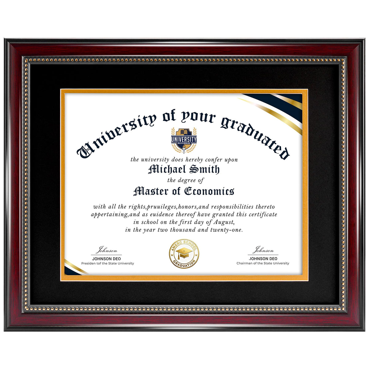 House Day diploma frame 11x14 with mat in mahogany gold finish showcasing certificates